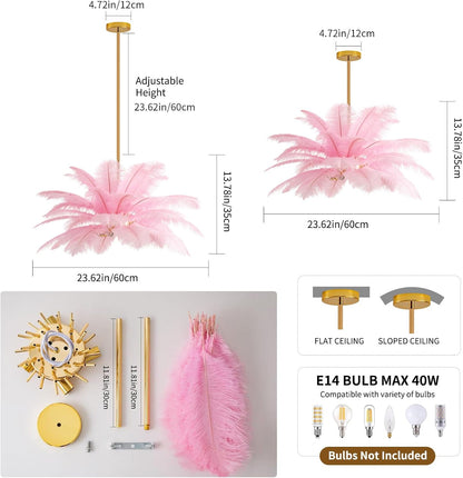 NZV Pink Feather Chandelier - Romantic Pendant Light for Girls' Room | 23.6in Ostrich Feathers, E14 Base