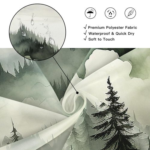 BayNook Dark Green Misty Forest Shower Curtain, Mountain Nature Shower Curtain for Bathroom, Rustic Woodland Pine Tree Landscape Mens Decor Waterproof Fabric Shower Curtain Set with Hooks, 72x72
