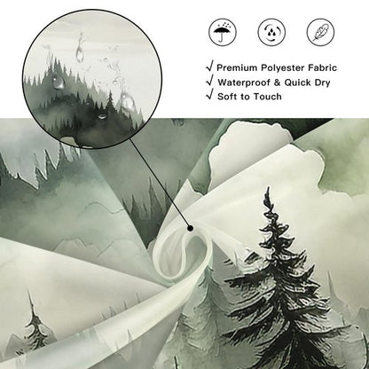 BayNook Dark Green Misty Forest Shower Curtain, Mountain Nature Shower Curtain for Bathroom, Rustic Woodland Pine Tree Landscape Mens Decor Waterproof Fabric Shower Curtain Set with Hooks, 72x72