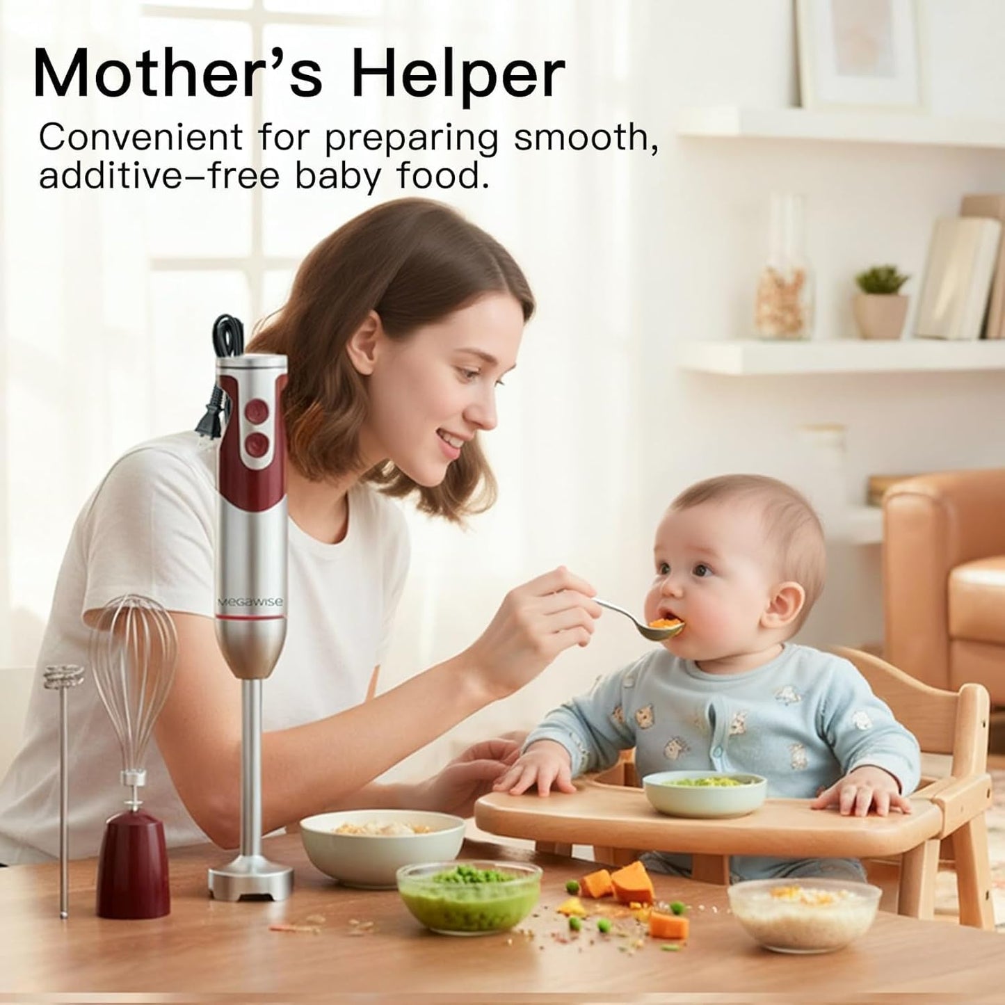 MegaWise Pro 3-in-1 Immersion Hand Blender - Powerful 12-Speed Motor, Titanium Reinforced Blades, Red
