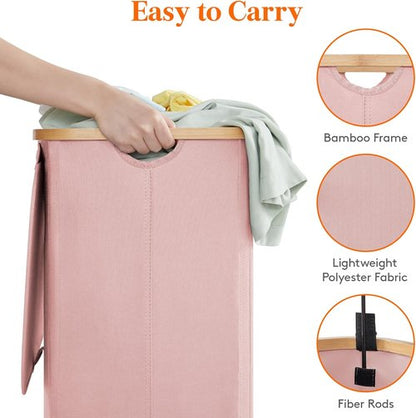 Lifewit 80L Laundry Basket - Foldable Hamper with Lid & Bamboo Handles | Removable Bag, Pink
