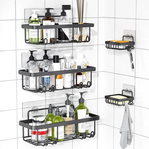 Adhesive Shower Caddy - 5 Pack Rustproof Stainless Steel Bathroom Organizers | Large Capacity, No Drilling, Black