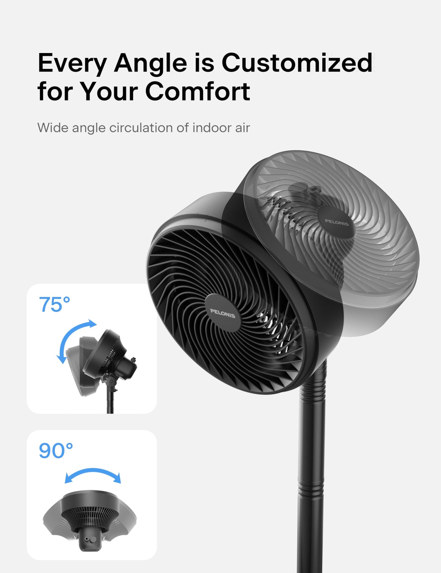 PELONIS 7-Inch Pedestal Air Circulator, Oscillation Fan, 3 Speeds, Adjustable Height (Tabletop/Standing Fan), 75°+90° Oscillation, 5-Blade Quiet Pedestal Fan for Bedroom, Office, Home