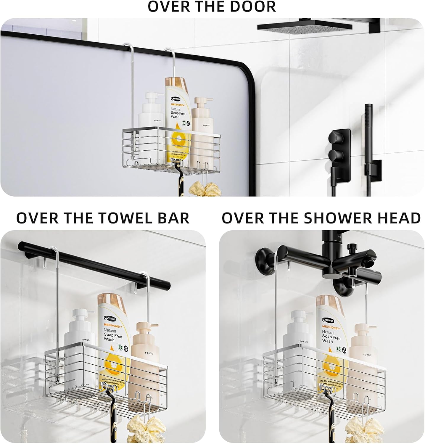 SHANSHUI Shower Organizer Caddy - Rustproof 304 Stainless Steel Hanging Basket for Bathroom | Over Door Rack with Hooks