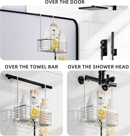 SHANSHUI Shower Organizer Caddy - Rustproof 304 Stainless Steel Hanging Basket for Bathroom | Over Door Rack with Hooks
