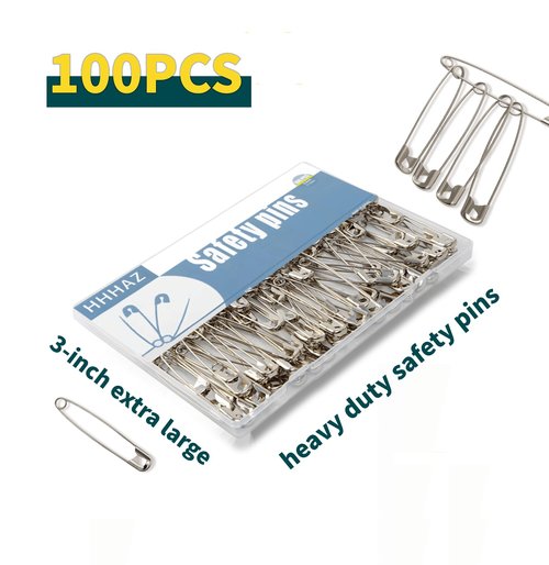 HHHAZ 3Inch Extra Large Safety Pins - 100Pcs Heavy Duty Silver Nickel-Plated Steel - Bulk for Sewing, Crafts, Clothing, Decor & Clips