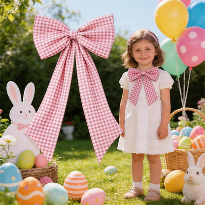 One Silly Goose Pink Checkered Bow Decor - 2 Pack of Large & Small Blue and White Backdrop for Girls' Parties