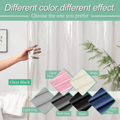 Mrs Awesome Clear Black Shower Curtain Liner with 3 Magnets, 72x72 Premium Flexible Sturdy Plastic Shower Curtain for Bathroom Lightweight & Waterproof, Clear Black