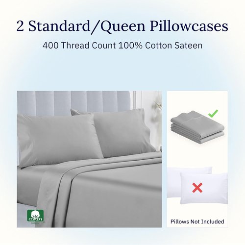 California Design Den Queen Pillowcase Set - 400 Thread Count, 100% Cotton Sateen, Soft & Breathable | Light Grey, Set of 2