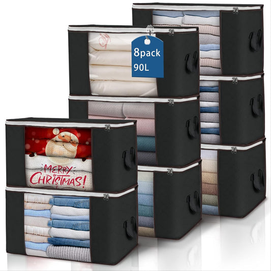 Skiennix Large Storage Bags - 8 Pack Foldable Closet Organizers with Durable Handles | 90L Black