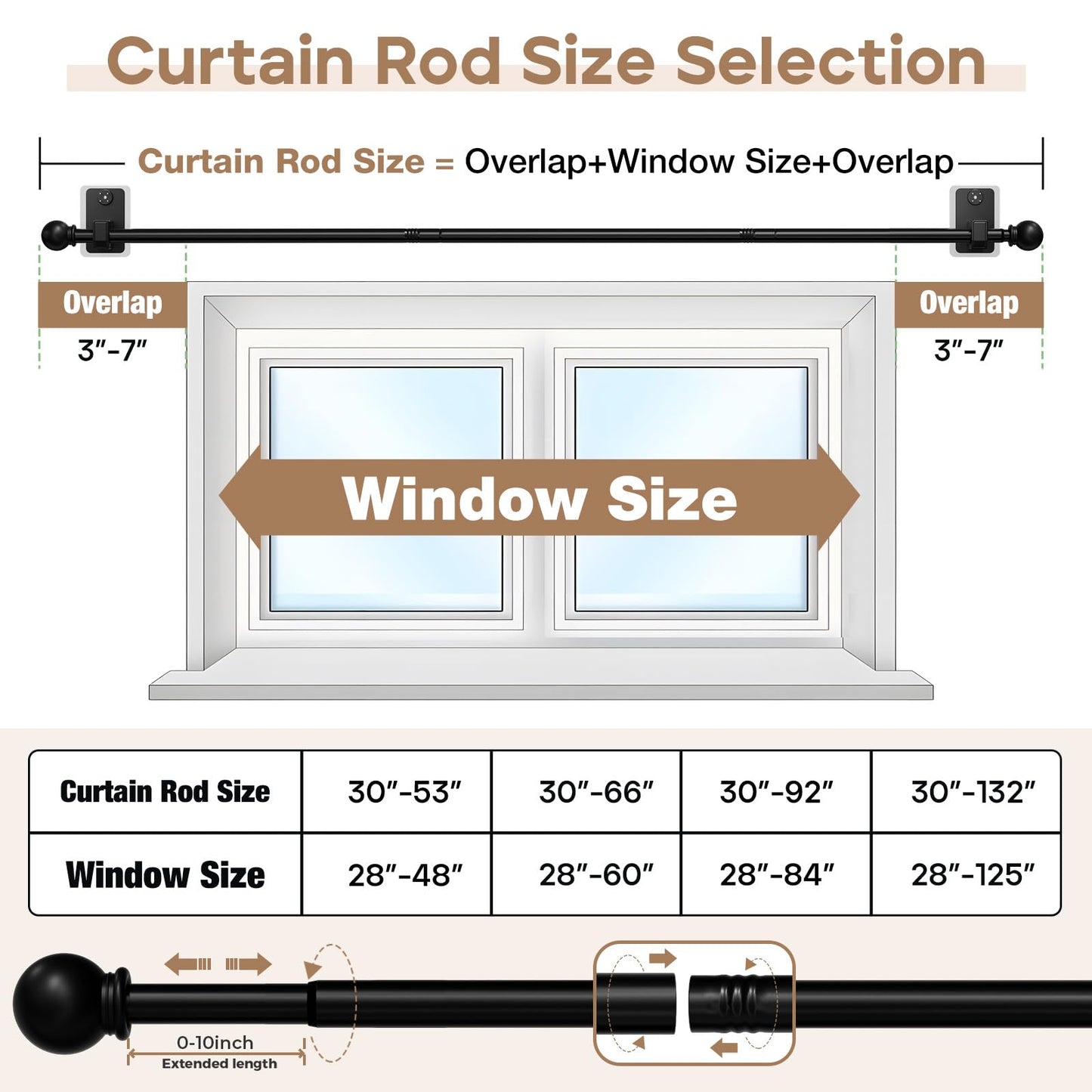 PeSenp No-Drill Curtain Rod with Adhesive & Pin-Nail Mount System - Renter Friendly & Minimal Wall Damage, 5/8" Diameter Black Adjustable Rod for Windows 28 to 48 Inch