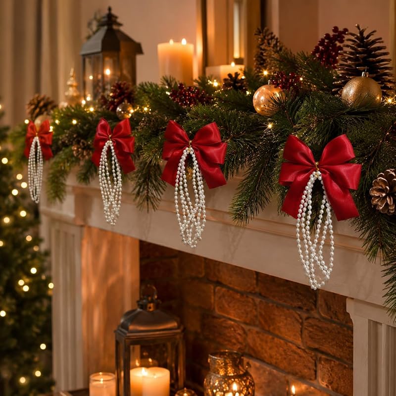 Pearl-Trimmed Red Satin Christmas Ornament Bow Set, 12 Pieces