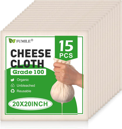 Skiennix Cheese Cloths - 15 PCS Organic Cotton Straining Cloths, 20x20 Inch, Reusable & Unbleached