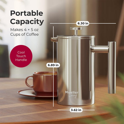 MuellerLiving French Press Coffee Maker - 20oz Stainless Steel, Double Insulated & Dishwasher Safe