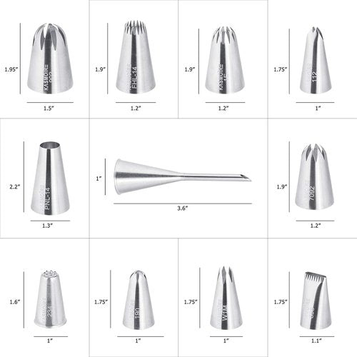 Kasmoire 11-Piece Extra Large Stainless Steel Piping Tip Set | Professional Cake Decorating Nozzles