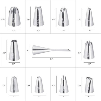 Kasmoire 11-Piece Extra Large Stainless Steel Piping Tip Set | Professional Cake Decorating Nozzles