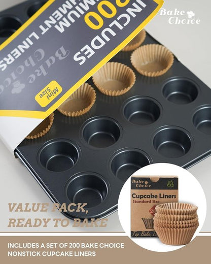 Bake Choice Mini Muffin Pan - Nonstick 24-Cup Design with 200 Natural Cupcake Liners Included