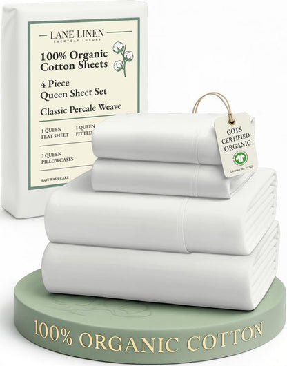 LANE LINEN 100% Organic Cotton Queen Sheet Set, 4Pc Cotton Sheets Queen Size Bed Set, Soft Percale Weave, Deep Pocket Queen Sheets, Hotel-Quality Bed Sheets Queen Size - Glacier Grey