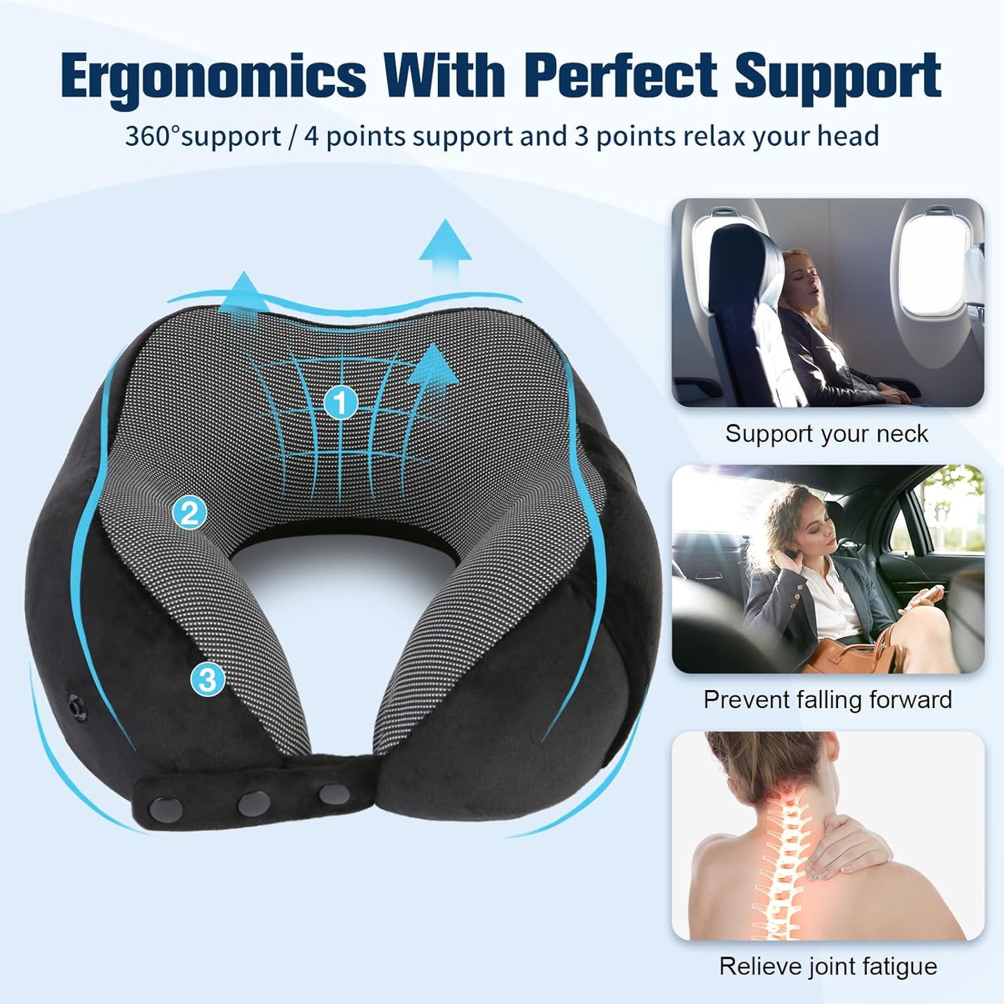 Cirorld Neck Pillow - 100% Pure Memory Foam Travel Pillow with Eye Mask & Earplugs | Adjustable & Portable