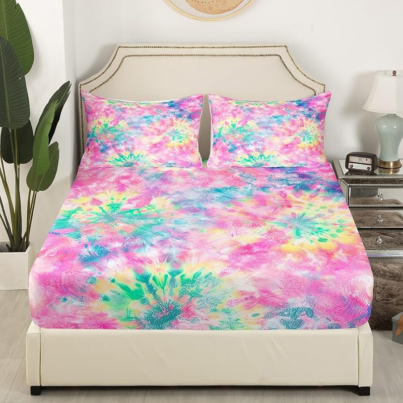Kids Tie Dye Pink Bed Sheet Set 4 Pcs Queen – Deep Pocket Fitted Sheets Included, Boho Batik Sheeting