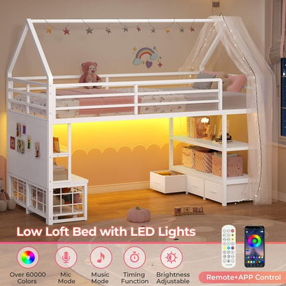 ADORNEVE Low Loft Bed Twin Size with 5 Storage Drawers, Twin Loft Bed with Bookcase & LED Lights, Open Storage Shelves, Metal House Bed with Safety Guardrail & Under-Bed Play Space for Kids, White