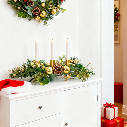 MrMrKura Christmas Tabletop Centerpiece - 3 Candle Holders with Pine Cones & Red Berries | Gold Decor for Dining Room
