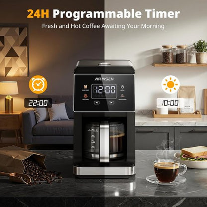 AIRMSEN Grind & Brew Coffee Maker - Programmable 5-Cup Capacity with Built-in Grinder & Auto Keep Warm