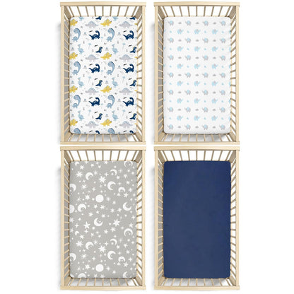 Plushii Crib Sheets - Extra Soft Microfiber Set for Baby Boys | 4 Pack, 28"x52", Dinosaur & Elephant Designs