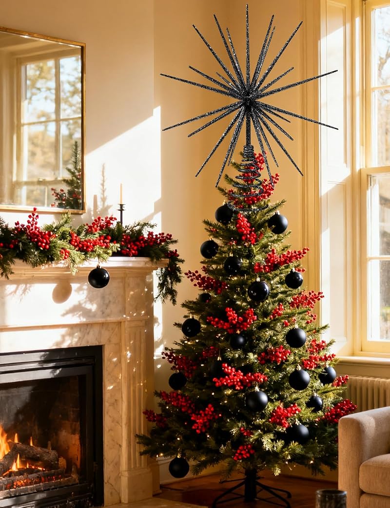 13.7 Inch Black Christmas Tree Topper - 3D Burst Exploding Star, LGFMGWH Variation Black