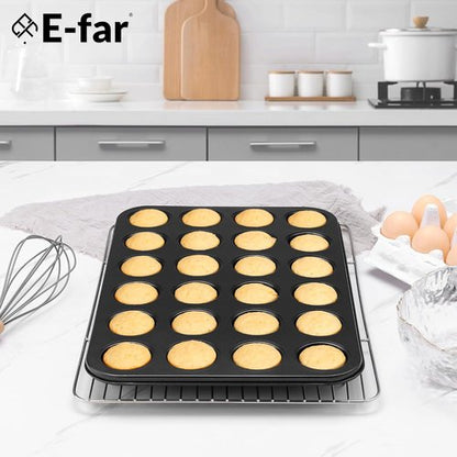 E-far Mini Muffin Pan - 24-Cup Nonstick Bakeware for Perfect Mini Muffins & Cupcakes | Oven Safe, Warp-Free