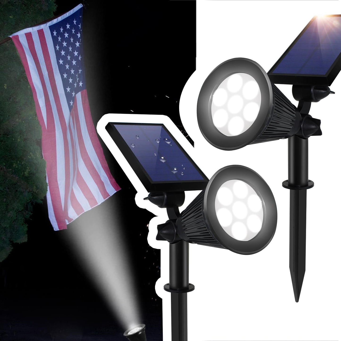 Solar Spotlights Outdoor Ground Spot Light for Flag Pole, Bright 7 LED Solar Lights Dusk-to-Dawn Waterproof Landscape Flag Pole Lights, 2-in-1 Adjustable Solar Powered Light Halloween (2 Pack, White)