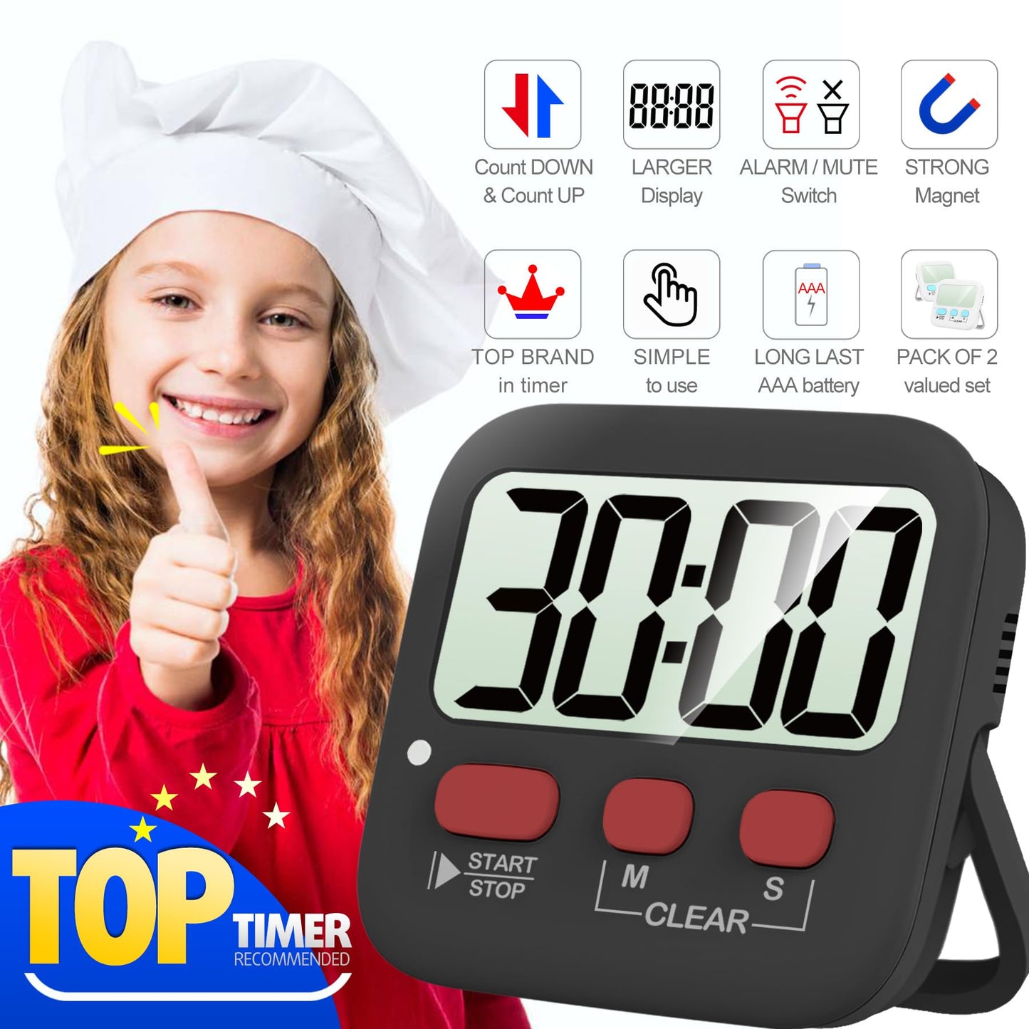 Antonki Timer, Timer for Kids, Kitchen Timers, Digital Timer for Cooking, Egg Timer, Classroom Timer for Teacher, Magnetic Countdown Timer for Exercise, Study, Oven - Battery Included - Pack of 2