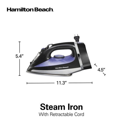 Hamilton Beach Steam Iron for Clothes & Garment Steamer with Smooth Press Stainless Steel Soleplate, 1200 Watts, 8’ Retractable Cord, Black (14214)