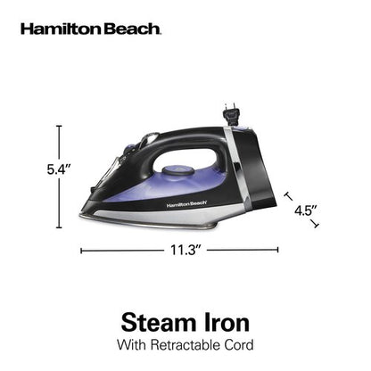 Hamilton Beach Steam Iron for Clothes & Garment Steamer with Smooth Press Stainless Steel Soleplate, 1200 Watts, 8’ Retractable Cord, Black (14214)