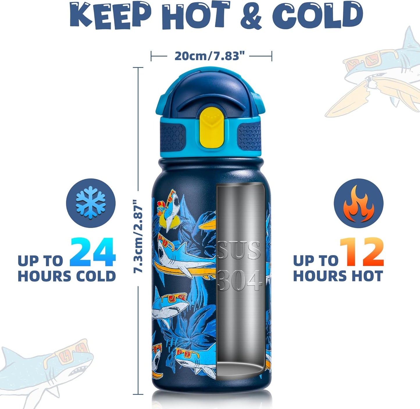 OLDLEY Kids Water Bottle - 12oz Insulated Stainless Steel, Leak-Proof Design | Navy Shark