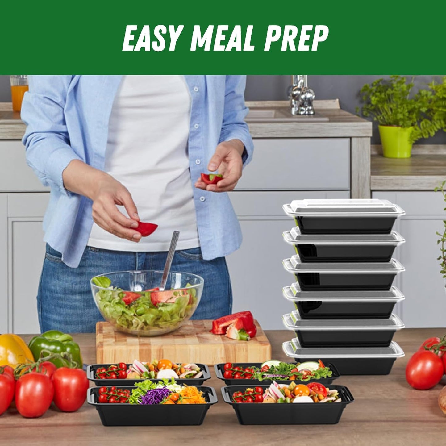 Regine Switzerland 32 oz Meal Prep Containers - 50 Pack of Reusable, Leakproof Food Storage Pans | Microwave & Dishwasher Safe, Black