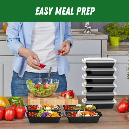 Regine Switzerland 32 oz Meal Prep Containers - 50 Pack of Reusable, Leakproof Food Storage Pans | Microwave & Dishwasher Safe, Black