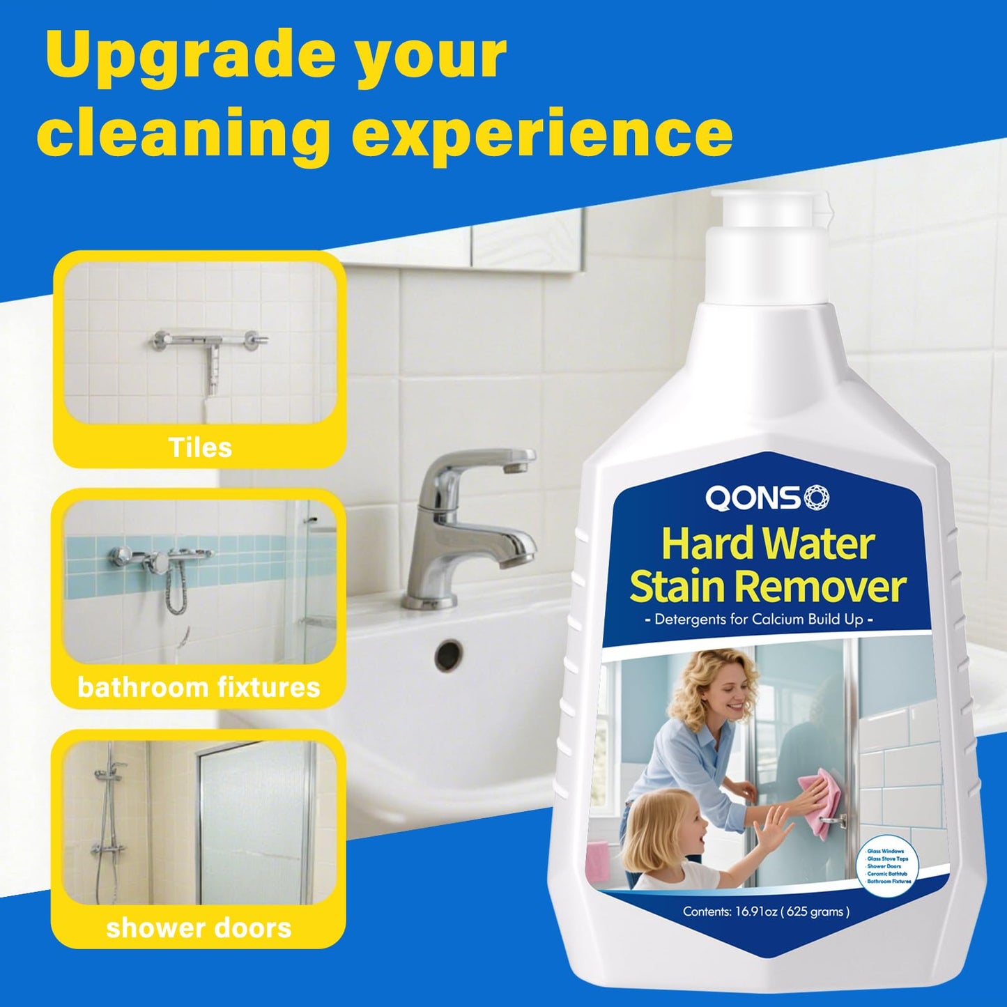 QONS Hard Water Stain Remover, Shower Glass Door Cleaner Cream For Hard Water Stain,Bathroom Glass,Windows,Tile,Grout,Toilet Bowl,Calcium Build Up,Hard Water Cleaner 16.91 Oz (670 Grams)