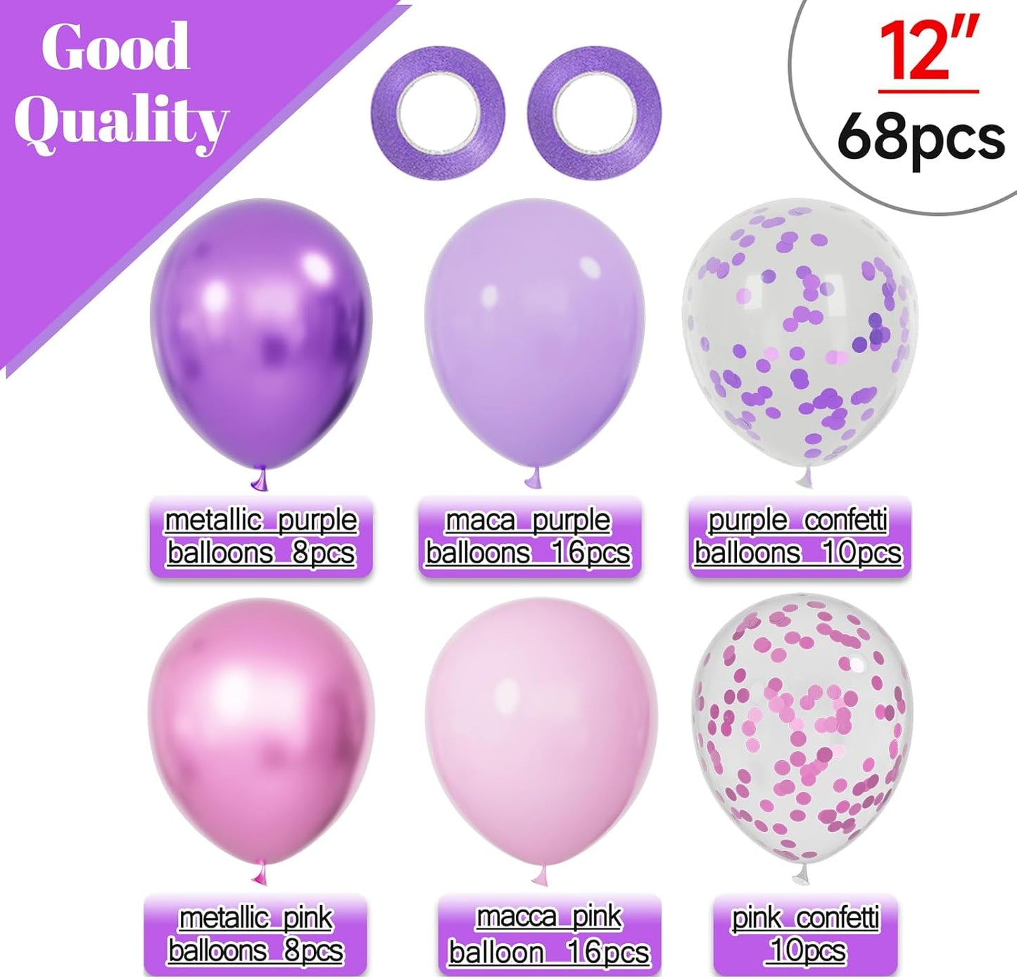 Skiennix 68Pcs Pink & Purple Balloons - 12 Inch Metallic Latex & Confetti for Weddings & Birthdays