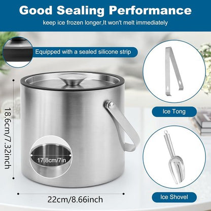 5L Insulated Ice Bucket for Party,Portable Large Capacity Ice Buckets,Double-Wall Stainless stell Ice Container Keep Ice Cool,Champagne,Wine,Cocktail Beverage Bucket with Lid,Scoop & Tong