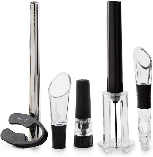 BergHOFF 6Pc Air Pressure Wine Opener with Chiller Pourer, Foil Cutter, Aerator Pourer, Vacuum Stopper Great for Gift