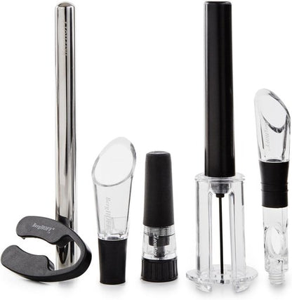 BergHOFF 6Pc Air Pressure Wine Opener with Chiller Pourer, Foil Cutter, Aerator Pourer, Vacuum Stopper Great for Gift
