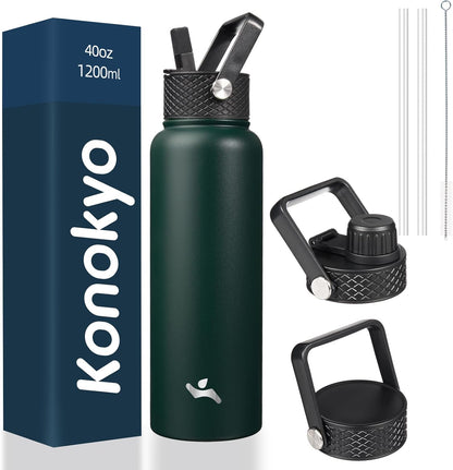 Skiennix 40oz Insulated Stainless Steel Water Bottle - Durable Sport Bottle with 3 Lids | Army Green