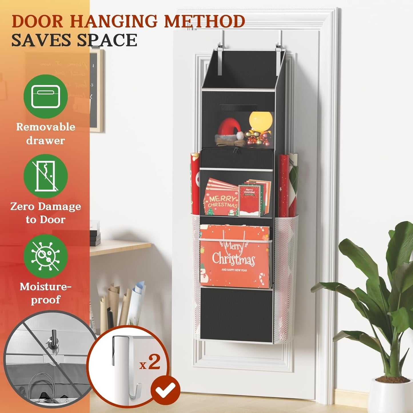 Ofiray Home 2-in-1 Wrapping Paper Organizer - Over Door or Under Bed Storage with Removable Drawer & 4 Clear Pockets