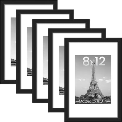 Upsimples 8x12 Picture Frame Set of 5 - Versatile Black Frames for 6x8 or 8x12 Photos | Wall Gallery Decor