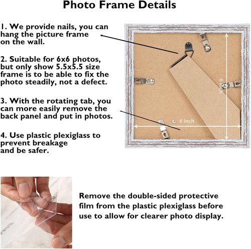 JCJMY 6x6 Picture Frame - Rustic White Wall Mount & Tabletop Display | Shatter-Resistant Plexiglass