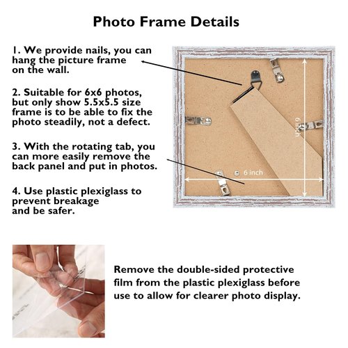 JCJMY 6x6 Picture Frame for Wall Hanging or Tabletop, Wall Mounting Horizontally or Vertically, 6 x 6 Square Wall Gallery Poster Photo Frame with Shatter Resistant Plexiglass, Rustic White