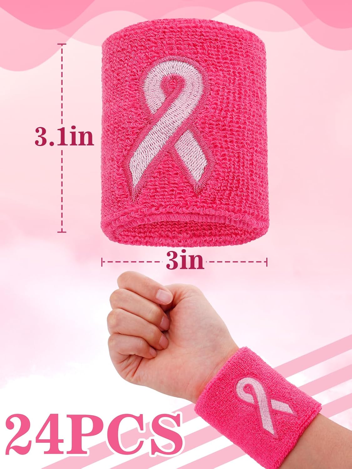 Skiennix Breast Cancer Awareness Wristbands - Pink Ribbon Elastic Sports Bands | 12/24/48 Pcs for Youth & Adults