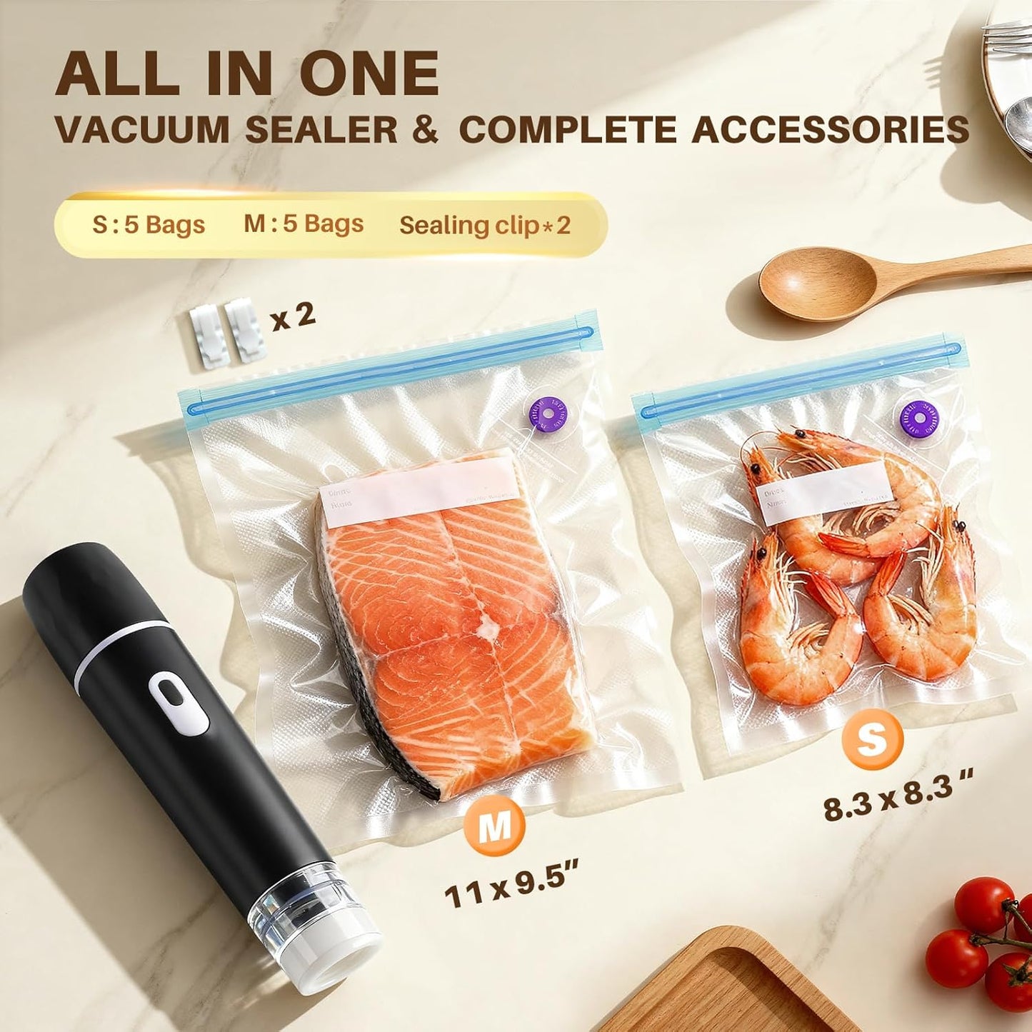 Skiennix Compact Vacuum Sealer - Powerful 100KPA Suction | Rechargeable Design with Detachable Tank & 10 BPA-Free Bags for Meal Prep, Camping & RV Travel
