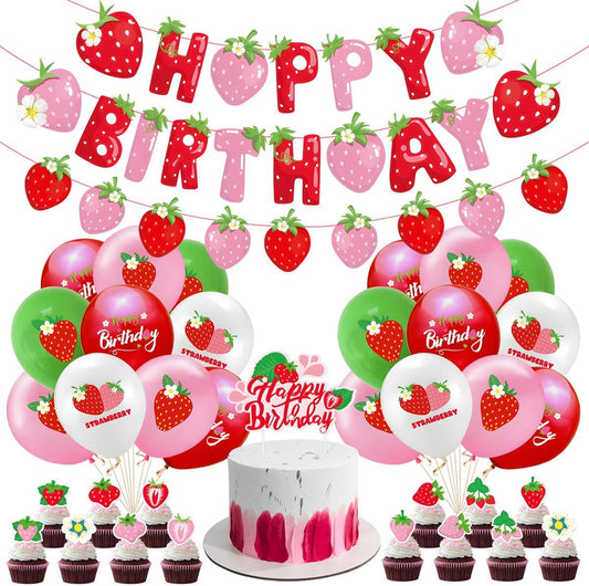 Strawberry Birthday Party Decoration Set - Balloons & Cake Toppers for Girls | Fruit-Themed Supplies